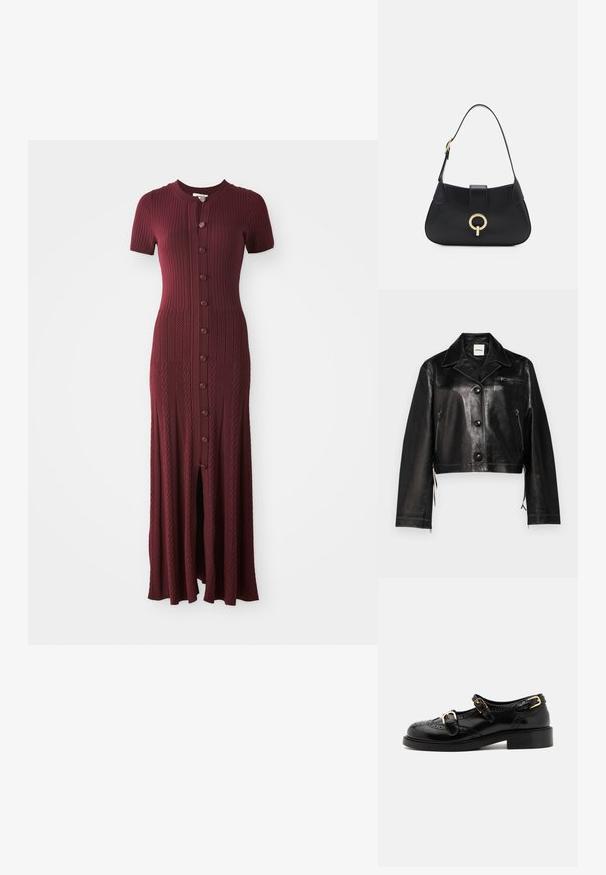 Jachetă cropped din piele neagră cu guler clasic, butoane frontale, fermoare laterale și detalii la buzunarul de la piept. Textură netedă și design ajustat.; Rochie maxi ribbed burgundy cu mâneci scurte, decolteu rotund și deschidere cu nasturi. Include o fanta centrală și un model texturat.; Pantofi din piele neagră cu detalii brogue, având două curele cu cataramă, vârf rotund și toc jos. Textură netedă cu finisaj lucios.; Geantă din piele neagră cu o silueta curbată, curea scurtă, accesorii centrala de nuanță aurie și textură netedă. Fără modele sau accente vizibile.