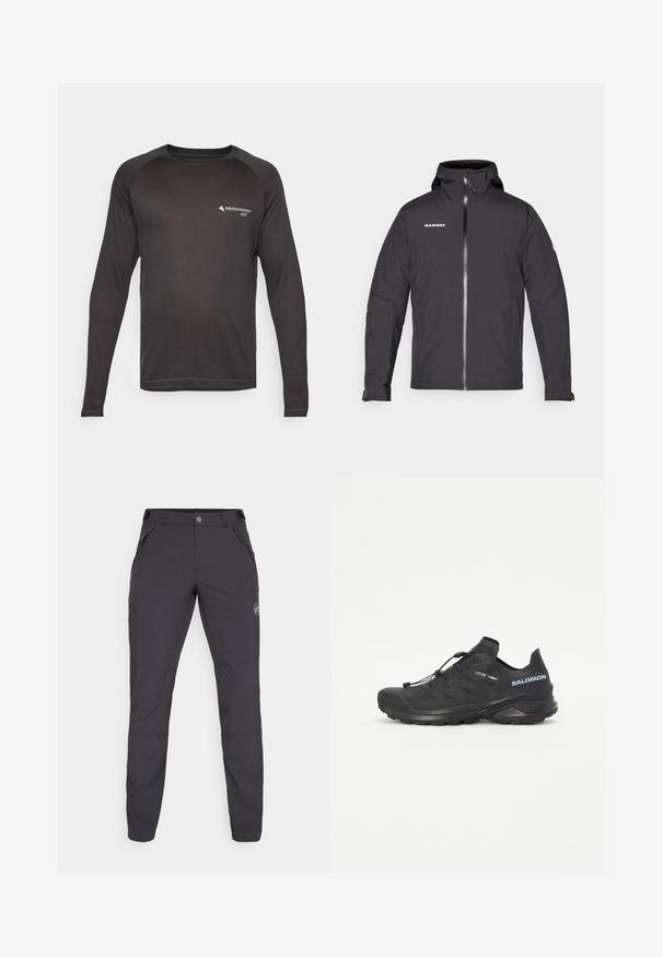 Schwarze wasserdichte Jacke mit Kapuze, Front-Reißverschluss und Logodetail auf der linken Brust. Verfügt über lange Ärmel mit verstellbaren Bündchen.; Langärmliges Sportshirt in einfarbigem Schwarz mit Rundhalsausschnitt und Raglanärmel. Hergestellt aus feuchtigkeitsableitendem Material mit einem Logo-Detail.; Dunkelgraue Outdoor-Hosen mit slim Fit, aus flexiblem Material hergestellt. Verfügt über drei Reißverschlusstaschen und ein Logodetail.; Schwarzer Trailschuh zum Laufen mit einer strukturierten Oberseite, elastischen Schnürsenkeln und Contagrip-Außensohle. Bietet eine eng anliegende Passform und eine schützende Zehenkappe.