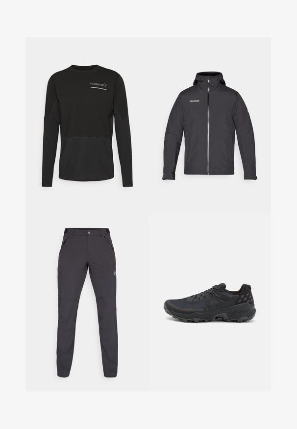 Fekete vízálló dzseki kapucnival, elől cipzárral és logó részlettel a bal mellen. Hosszú ujjak, állítható mandzsettákkal.; Norrøna SENJA EQUALISER LIGHTWEIGHT LONG SLEEVE - Hosszú ujjú felső - caviar; Sötétszürke, karcsú szabású outdoor nadrág, rugalmas anyagból készült. Három cipzáras zseb és logós részlet jellemzi.; Fekete terepfutó cipők, texturált hálós felsőrésszel és gumitalppal; jellemzőik között szerepel a fűző, párnázott boka rész és logó részletek.