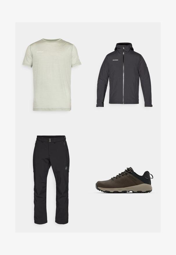 Sort vandtæt jakke med hætte, frontlynlås og logodetalje på venstre bryst. Har lange ærmer med justerbare manchetter.; Lysegrøn t-shirt med korte ærmer lavet af blødt stof. Har en rund hals og "MAMMUT"-logoet trykt i hvidt på brystet.; Svarte udendørs bukser med lige ben, lavet af slidstærkt stof. Har to frontlommer med lynlåse og et logo på låret.; Brune vandtætte sneakers med en tekstureret overflade, perforerede akcenter, sort hælunderstøttelse og en grå gummisål. Snørebåndene er udsmykket med metalender.