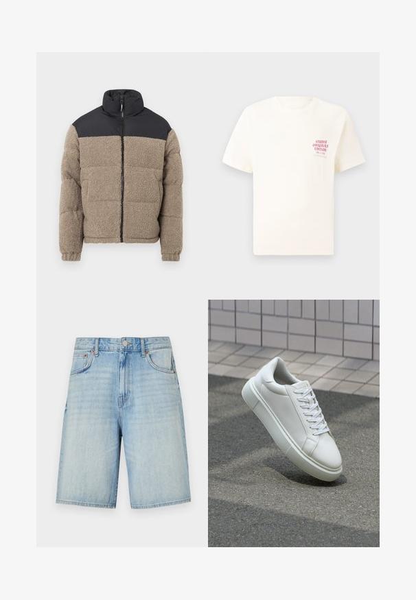 Chaqueta de plumas con cuerpo de forro polar texturizado marrón y parte superior de nylon negro. Cuenta con un cuello alto y cierre de cremallera frontal.; Camiseta blanca de manga corta con el texto rojo "Edición de Studio Originals" en el lado izquierdo del pecho, exhibida sobre un fondo gris neutro.; Pantalones cortos de mezclilla azul claro con un corte recto, que cuentan con un cierre de botón y cremallera, cinco bolsillos y un acabado ligeramente desgastado.; Zapatilla de cuero blanca con una superficie lisa, punta redonda y cordones blancos planos. Presenta una suela de goma texturizada y elementos de diseño mínimos.