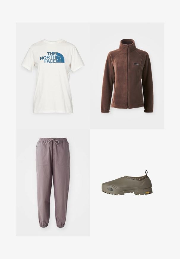 Columbia BENTON SPRINGS™ FULL ZIP - Fleecová bunda - tobacco; The North Face RELAXED EASY TEE - Triko s potiskem - white dune/midnight petrol; Šedé elastické kalhoty v pase s tkaničkou, se dvěma předními kapsami a zúženými kotníky, umístěné na bílém pozadí.; The North Face BASE CAMP WP MULE - Polobotky - mocha brown mocha brown