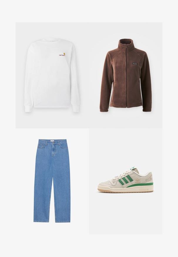 Columbia BENTON SPRINGS™ FULL ZIP - Fleece jacket - tobacco; White long-sleeve t-shirt made of cotton, featuring a small orange and maroon Carhartt logo on the chest. Crew neck design.; Light blue denim jeans with a straight cut, five-pocket design, single button closure, and subtle stitching details on the seams.; Adidas sneakers with a beige leather upper, green stripes, and a rubber sole. Features a padded collar and perforated toe for breathability.