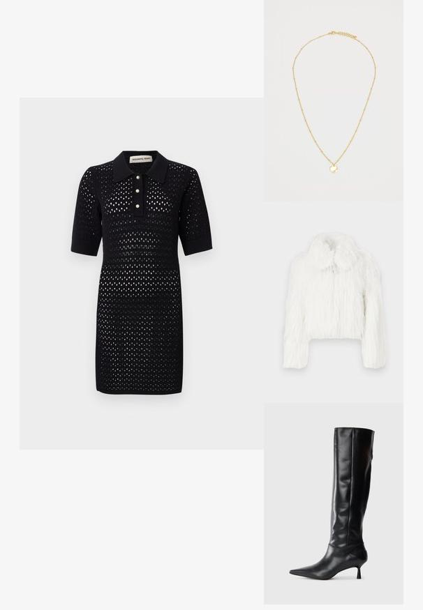 Rövidített, fehér szőrme dzseki bolyhos textúrával, kerek gallérral és hosszú ujjal. Puha, sűrű anyag, látható zárók nélkül.; Fekete kötött pólóruha rövid ujjakkal, textúrált nyitott hálós mintával és három gyöngyszerű gombbal a betekintőn.; Fekete bőr, térd fölé érő csizma hegyes orral és karcsú, ívelt sarokkal. Sima tapintás, testhez simuló kialakítás, és látható fémalkatrészek vagy minták nélkül.; Arany nyaklánc, amely finom láncból áll, kis, egyenletesen elhelyezett gyöngyökkel és egy kör alakú medállal. A medál sima, fényes felülettel rendelkezik.