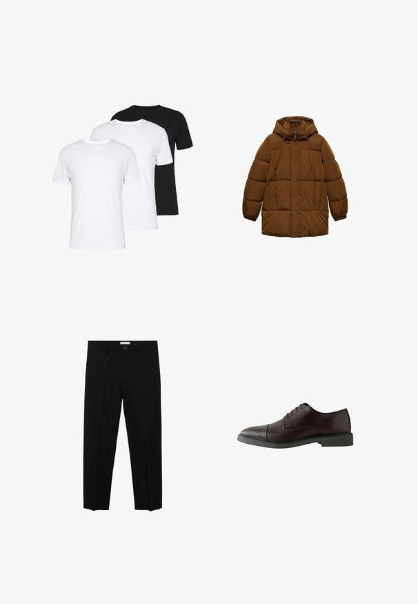 Brązowa pikowana kurtka z kapturem, z zamkiem błyskawicznym z przodu, dwoma bocznymi kieszeniami i elastycznymi mankietami. Wykonana z lekkiego, wodoodpornego materiału.; Beżowy sweter dzianinowy z teksturowanym wzorem diamentowym, z okrągłym dekoltem i długimi rękawami. Miękka tkanina z prążkowanymi mankietami i dołem.; Zestaw trzech t-shirtów: jeden czarny i dwa białe. Każdy ma okrągły dekolt, krótkie rękawy i jest wykonany z gładkiej bawełny.; Czarne spodnie o dopasowanym kroju, z prostymi nogawkami, z pojedynczym zapięciem na guzik, paskami i plisami z przodu. Wykonane z gładkiego materiału.; Ciemno burgundowe skórzane półbuty zapinane na sznurowadła z okrągłym noskiem, płaską czarną podeszwą, minimalną ilością przeszyć oraz gładką fakturą.