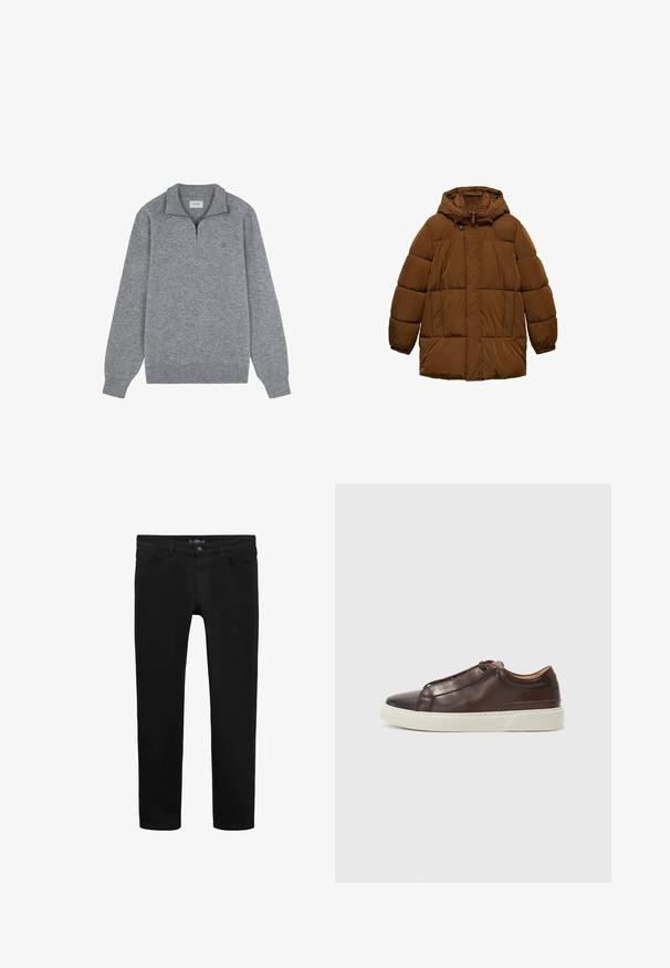 Braune gepolsterte Jacke mit Kapuze, ausgestattet mit einem Reißverschluss auf der Vorderseite, zwei seitlichen Taschen und elastischen Bündchen. Hergestellt aus leichtem, wasserabweisendem Material.; Grau gestrickter Pullover mit einem Reißverschluss und Stehkragen, aus weichem Strickmaterial gefertigt. Verfügt über lange Ärmel und ein dezentes Logo auf der Brust.; Schwarze Jeans aus Denim mit schlankem Schnitt, featuring einen vorderen Knopfverschluss, fünf Taschen und einer durchgehend glatten Textur.; Braune Ledersneaker mit abgerundeter Spitze, kontrastierender weißer Gummisohle, genähten Akzenten und ohne sichtbare Schnürsenkel. Insgesamt glatte Textur.