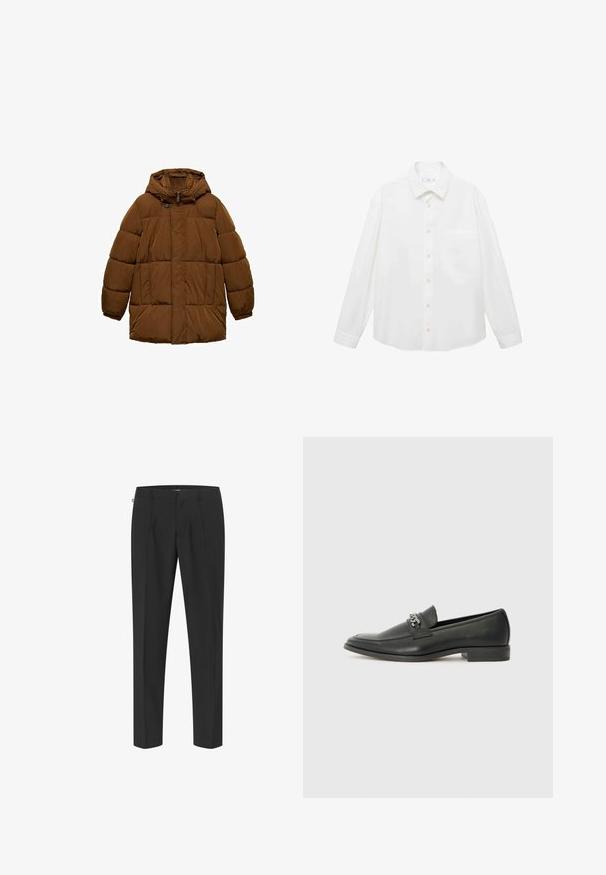 Brown padded jacket with a hood, featuring a front zip, two side pockets, and elastic cuffs. Made of lightweight, water-resistant material.; Mango ANTARES - Shirt - white; Black tailored pants with a sleek design, featuring front pleats, straight legs, and a smooth texture. Minimal hardware and no visible patterns.; Black leather loafer with a smooth finish, featuring a stitched design and a decorative metal chain accent across the vamp. Flat heel.