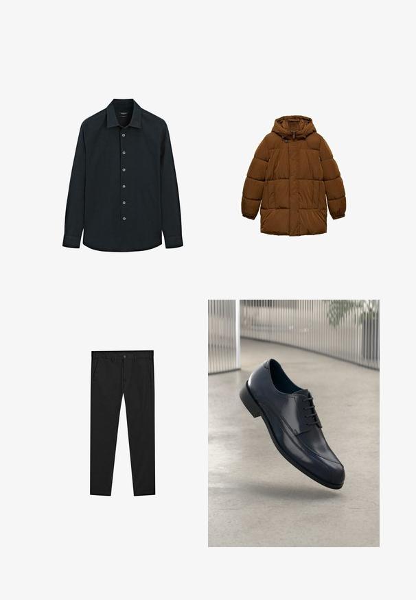 Braune gepolsterte Jacke mit Kapuze, ausgestattet mit einem Reißverschluss auf der Vorderseite, zwei seitlichen Taschen und elastischen Bündchen. Hergestellt aus leichtem, wasserabweisendem Material.; Schwarzes langärmliges Hemd mit Knopfverschluss und Kragen, sieben Knöpfe auf der Vorderseite und Manschetten, auf weißem Hintergrund präsentiert.; Schwarze Chinos mit einem geraden Bein Design, hergestellt aus weichem Stoff. Sie verfügen über einen Knopfverschluss, Gürtelschlaufen und Seitentaschen. Glatte Textur.; Glänzender schwarzer Leder-Dressschuh mit Schnürsenkeln, schwebend über einem glatten, hellgrauen Boden und vertikalen Metallstäben im Hintergrund.