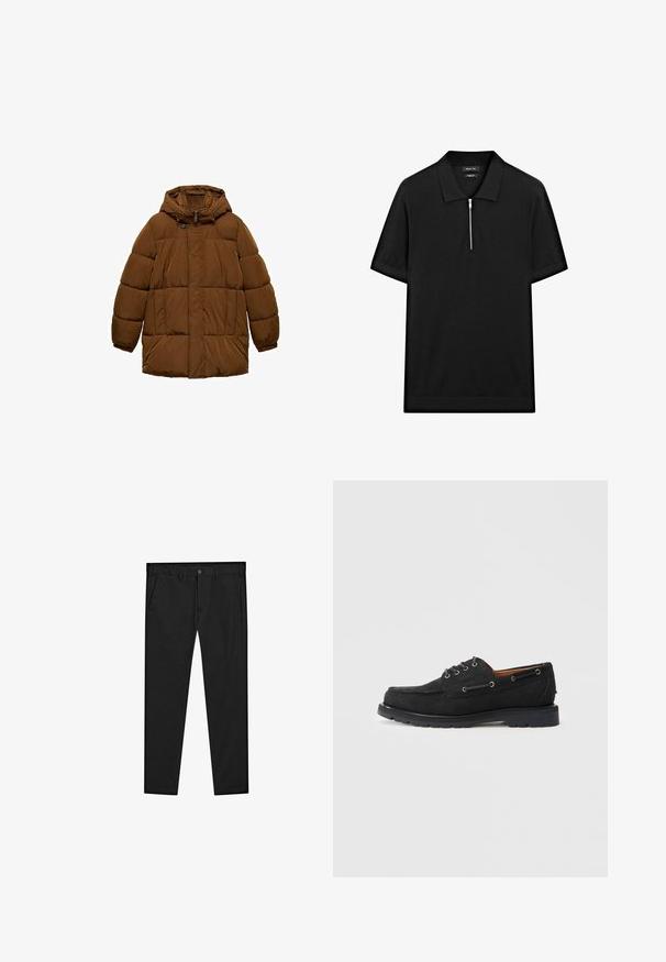 Brun vadderad jacka med huva, som har en framdragkedja, två sidofickor och elastiska ärmslut. Tillverkad av lätt, vattenavvisande material.; Svart kortärmad pikétröja med ståkrage och frontdragkedja. Tillverkad av ett mjukt tyg med en ren, minimalistisk design.; Svarta chinos med rak passform, tillverkade av mjukt material. Har knappstängning, bältesloopar och sidofickor. Slät yta.; Svart mocka båt skor med snörning, metallöglor, kontrasterande sömmar och en robust gummisula för bra grepp.