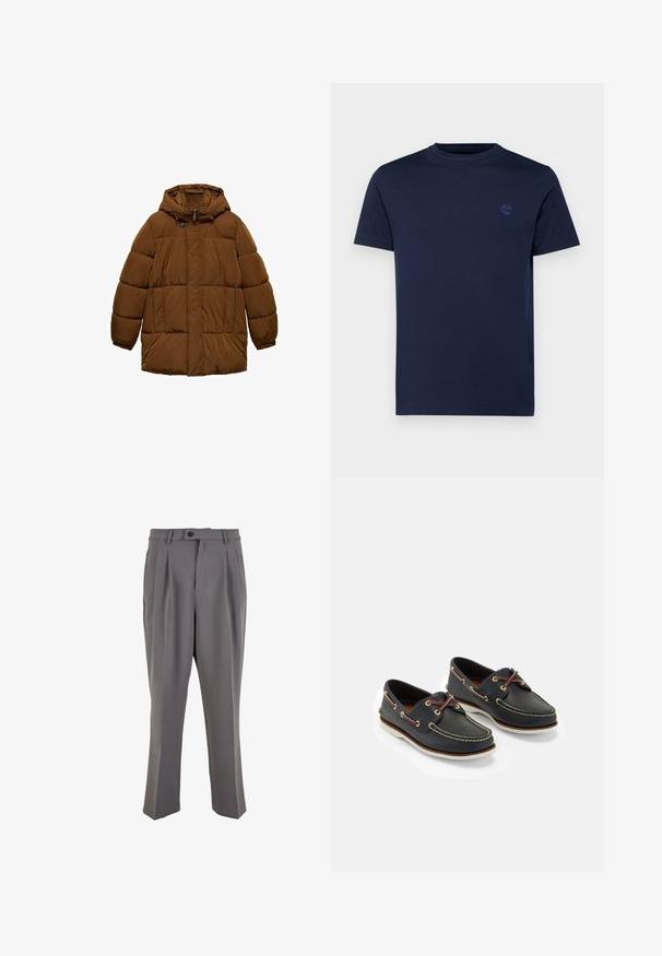 Brun vadderad jacka med huva, som har en framdragkedja, två sidofickor och elastiska ärmslut. Tillverkad av lätt, vattenavvisande material.; Mörkblå bomulls t-shirt med rund halsringning, korta ärmar och en liten broderad logotyp på bröstet. Slät textur, normal passform.; Grå plisserade byxor i mjukt tyg, med rak passform, en enkel knappstängning och bälteshällor. Minimalistisk design.; Marina läderbåtskor med gul sömnad, röda snören och silverfärgade ögla; rund tå; vit gummisula.