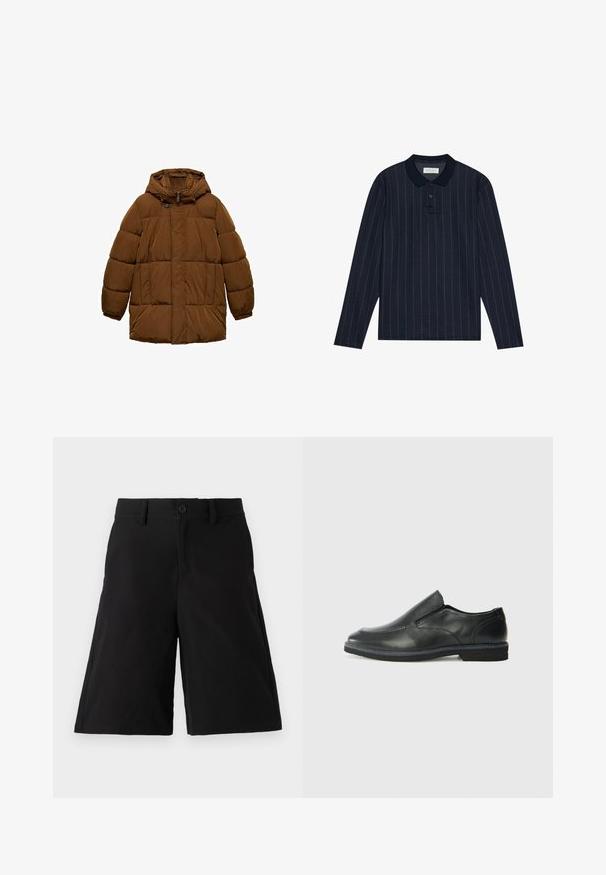 Hnedá vyteplená bunda s kapucňou, so zipsom vpredu, dvoma bočnými vreckami a elastickými manžetami. Vyrobená z ľahkého, vodeodolného materiálu.; Námornícky polo s dlhým rukávom a golierovým výstrihom, s tenkými vertikálnymi pruhmi a zapínaním na tri gombíky. Hladká textúra látky.; Čierne šortky vyrobené z bavlnenej zmesi, s rovnom strihom, predným zapínaním na gombík, bočnými vreckami a hladkou textúrou.; Čierny kožený nazúvací topánka s hladkým zvrškom, prešitými akcentmi, zaoblenou špičkou a nízkym gumovým podpätkom. Podošva má minimálny dezén.