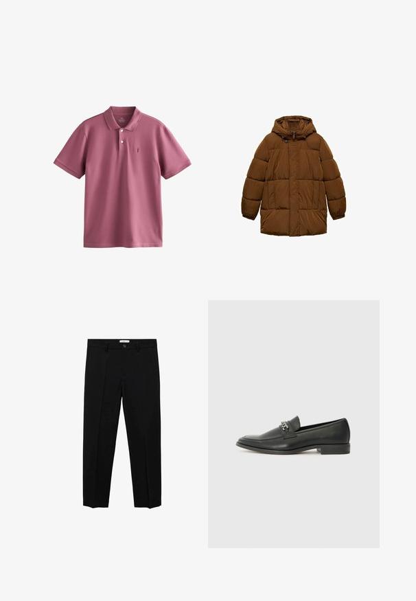 Brun vadderad jacka med huva, som har en framdragkedja, två sidofickor och elastiska ärmslut. Tillverkad av lätt, vattenavvisande material.; Pikétröja i dämpad mauve, tillverkad av lätt bomull. Har en klassisk krage, tre knappar, korta ärmar och en liten broderad logotyp.; Svarta skräddarsydda byxor med rak passform, med en knappknäppning, bälteshällor och framfåll. Tillverkade av ett slätt tyg.; Svart läderloafers med en slät yta, med en sydd design och en dekorativ metallkedjeaccent över västen. Platt häldesign.