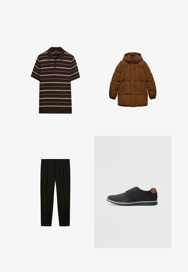 Brun polstret jakke med hætte, der har en frontlynlås, to sidelommer og elastiske manchetter. Fremstillet af let, vandafvisende materiale.; Brun kortærmet polo shirt med hvide og lysegrå striber, tre-knap lukning og flad krave. Fremstillet af blødt stof med en afslappet pasform.; Sorte skræddersyede bukser lavet af glat stof. Funktioner inkluderer flad front, brede ben og en knaplukning i taljen.; Sorte syntetiske sko med en tekstureret overdel, glatte accenter, brun hæl og en kontrasterende sål. Har minimale snørebånd og syningsdetaljer.