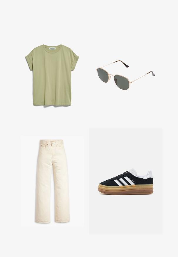 Beige Jacke mit einem braunen Cordkragen. Sie verfügt über eine Knopfverschluss, eine Brusttasche und zwei frontale Taschen. Hergestellt aus strapazierfähigem Stoff.; ARMEDANGELS IDAARA - T-Shirt basic - light matcha; Beige weite Jeans aus Baumwoll-Denim. Merkmale umfassen eine hohe Taille, Knopfverschluss und Fünf-Taschen-Design. Glatte, langlebige Textur.; Schwarze Wildleder-Sneaker mit weißen Akzenten und drei Streifen, ausgestattet mit einer strukturierten weißen Ferse, Gummisohle und "Gazelle"-Branding.; Goldfarbene Metallrahmen-Sonnenbrillen mit dunkelgrünen Gläsern im Pilotenstil, mit schlanken Bügeln und Schildpatt-Akzenten an den Spitzen.