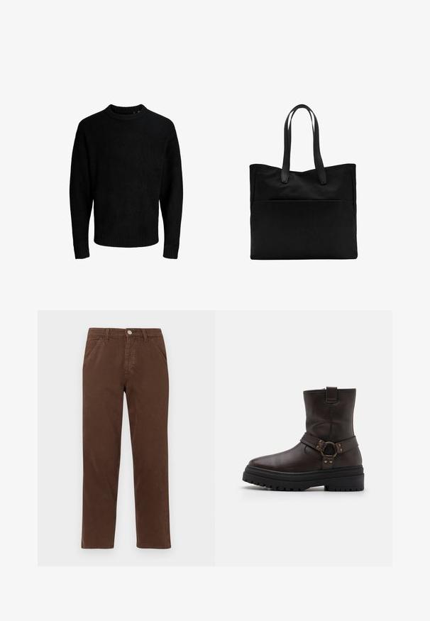 Crni vuneni kaput s rebrastim ovratnikom, prednjim dijelom s tri gumba, dva bočna džepa i jednim džepom na prsima. Strukturirani oblik, teksturirana tkanina.; Crna džemper, okrugli izrez, dugi rukavi, rebrasti manžetni i rub, meka tekstura, jednobojna, minimalistički dizajn.; Smeđe pamučne hlače ravnog kroja, s prednjim džepovima i metalnim zatvaranjem na dugme. Karakteriziraju ih glatka tekstura i minimalistički dizajn.; Smeđe kožne gležnjerice sa četvrtastim vrhom, detaljima u obliku kopče i debelim crnim potplatom. Imaju bočni patentni zatvarač i teksturiranu površinu.; Crna torba od platna s dva duga ručka, izrađena od glatkog materijala. Ima prednju džep i minimalistički dizajn. Nema vidljivih metalnih dijelova ili uzoraka.