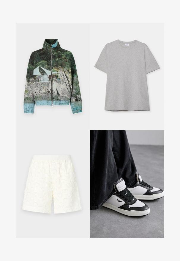 Zippered jacket featuring a photographic print of a coastal scene with rocks, water, and a structure; colors include green, blue, and brown.; Gray short-sleeve T-shirt made from soft, textured fabric. Features a classic crew neck and a straight hem, suitable for casual wear.; White shorts featuring a textured floral pattern, elastic waistband, and frayed edges. Made from lightweight fabric, suitable for warm weather.; Black and white high-top sneakers with a textured black lace detail, leather and synthetic material, featuring a logo on the side.