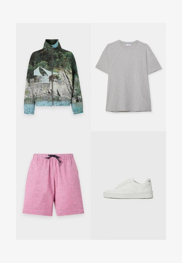 Jas met rits met een fotografische print van een kustlandschap met rotsen, water en een constructie; kleuren zijn groen, blauw en bruin.; Grijze T-shirt met korte mouwen, gemaakt van zacht, textuurstof. Heeft een klassieke ronde hals en een rechte zoom, geschikt voor casual dragen.; Roze patroon zwembroek met een elastische tailleband en zwarte koord. Het materiaal lijkt lichtgewicht met een gestructureerd oppervlak.; Witte leren sneaker met een gladde afwerking, ronde neus, platte veters en een gestructureerde zool. Kenmerkt zich door een subtiel logo op de hiel.