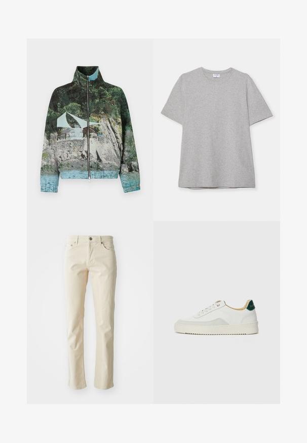 Bunda na zip s fotografickým potiskem přímořské scény s kameny, vodou a stavbou; barvy zahrnují zelenou, modrou a hnědou.; Šedé tričko s krátkým rukávem vyrobené z měkké, texturované látky. Disponuje klasickým kulatým výstřihem a rovného lemu, vhodné pro každodenní nošení.; Béžové bavlněné kalhoty se rovnými nohavicemi, s klasickým pětikapsovým stylem a kovovým knoflíkem na zapínání. Hladký povrch, bez vzorů.; Bílé tenisky se semišovými prvky, kulatou špičkou, plochými tkaničkami a krémovou gumovou podrážkou. Na patě mají zelené logo.
