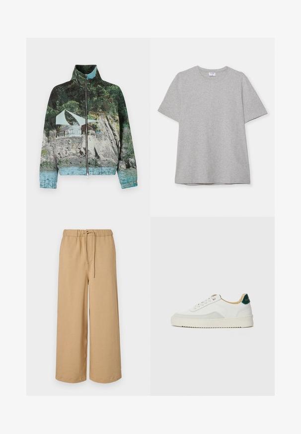 Zipperová bunda so photographickým potlačou pobrežnej scenérie s kameňmi, vodou a stavbou; farby zahŕňajú zelenú, modrú a hnedú.; Sivá krátke rukávové tričko vyrobené z mäkkej, textúrnej látky. Má klasický okrúhly výstrih a rovný lem, ideálne na neformálne nosenie.; Béžové široké nohavice vyrobené z mäkkej tkaniny, s elastickým pásom na šnúrku, bočnými vreckami a rovný strih.; Biele tenisky s semišovými akcentmi, zaoblenou špičkou, plochými šnúrkami a krémovou gumovou podrážkou. Na päte sú zelené značky.