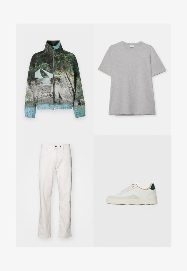 Zippered jacket featuring a photographic print of a coastal scene with rocks, water, and a structure; colors include green, blue, and brown.; Gray short-sleeve T-shirt made from soft, textured fabric. Features a classic crew neck and a straight hem, suitable for casual wear.; White cotton trousers with a straight-leg cut, featuring two front pockets and two back pockets, button closure, and minimal stitching details.; White sneaker with suede accents, rounded toe, flat laces, and a cream rubber sole. Features green branding on the heel.