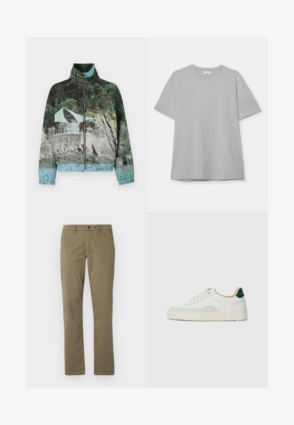 Giacca con zip caratterizzata da una stampa fotografica di un paesaggio costiero con rocce, acqua e una struttura; i colori includono verde, blu e marrone.; T-shirt grigio a maniche corte realizzato in morbido tessuto testurizzato. Presenta un classico colletto a girocollo e un orlo dritto, adatto per un abbigliamento casual.; Pantaloni khaki in cotone, con design a gamba dritta, due tasche frontali e chiusura con bottone e zip.; Sneaker bianco con accenti in camoscio, punta rotonda, lacci piatti e suola in gomma crema. Presenta un marchio verde sul tallone.