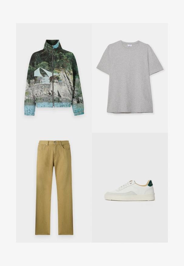 Vetoketjullinen takki, jossa on valokuvaprintti rannikkokohtauksesta, jossa on kiviä, vettä ja rakennus; värit sisältävät vihreää, sinistä ja ruskeaa.; Harmaa lyhythihainen T-paita, joka on valmistettu pehmeästä ja teksturoidusta kankaasta. Varustettu klassisella pyöreällä pääntiellä ja suoraselkäisellä helman kanssa, sopii rentoon pukeutumiseen.; Tummanvihreät, suorat housut, joissa on etutaskut, nappikiinnitys ja hienovarainen tekstuuri kankaassa.; Valkoiset tennarit, joissa on nahkaosia, pyöreä kärki, tasaiset nauhat ja kermaisa kumi-pohja. Takana vihreä brändäys.