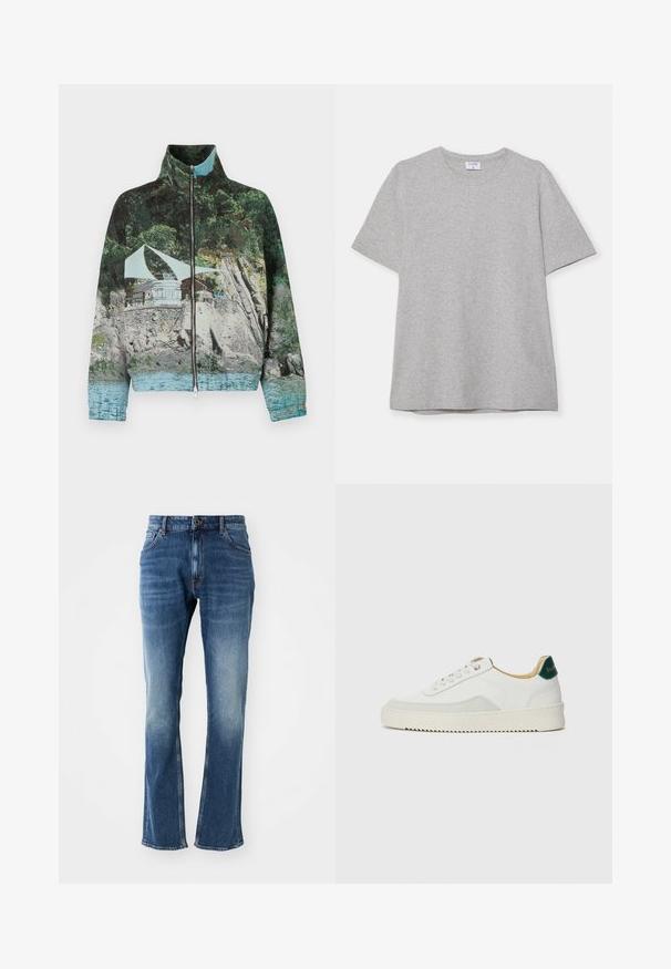 Veste zippée avec une impression photographique d'une scène côtière comprenant des rochers, de l'eau et une structure ; les couleurs incluent le vert, le bleu et le marron.; T-shirt gris à manches courtes fabriqué en tissu doux et texturé. Présente un col rond classique et un ourlet droit, idéal pour une tenue décontractée.; Jean en denim bleu avec une coupe droite, présentant un lavage délavé, des poches avant et une fermeture à bouton. Les coutures sont en orange contrasté.; Baskets blanches avec des accents en daim, bout arrondi, lacets plats et semelle en caoutchouc crème. Présente une marque verte sur le talon.