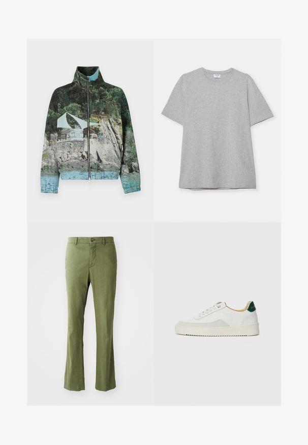 Bunda na zip s fotografickým potiskem přímořské scény s kameny, vodou a stavbou; barvy zahrnují zelenou, modrou a hnědou.; Šedé tričko s krátkým rukávem vyrobené z měkké, texturované látky. Disponuje klasickým kulatým výstřihem a rovného lemu, vhodné pro každodenní nošení.; Olivově zelené plátěné kalhoty se střihovým designem rovného nohavic, s předním zapínáním na knoflík a jemnou texturou. Bez vzorů nebo akcentů.; Bílé tenisky se semišovými prvky, kulatou špičkou, plochými tkaničkami a krémovou gumovou podrážkou. Na patě mají zelené logo.