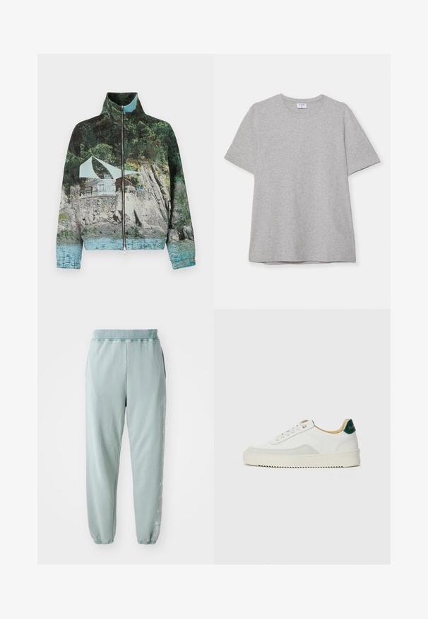 Chaqueta con cremallera que presenta una impresión fotográfica de una escena costera con rocas, agua y una estructura; los colores incluyen verde, azul y marrón.; Camiseta gris de manga corta hecha de una tela suave y texturizada. Presenta un cuello redondo clásico y un dobladillo recto, adecuada para uso casual.; Pantalones de chándal verde claro hechos de algodón suave, con cintura elástica, bolsillos laterales y un sutil detalle gráfico a lo largo de una pierna.; Zapatilla blanca con acentos de ante, puntera redondeada, cordones planos y suela de goma color crema. Presenta un logo verde en el talón.