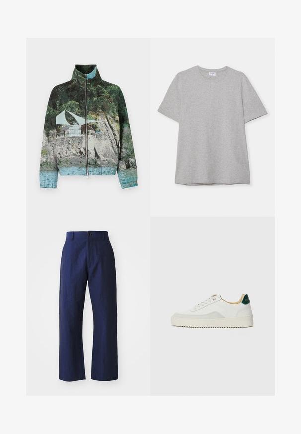 Jacke mit Reißverschluss, die einen fotografischen Druck einer Küstenszene mit Felsen, Wasser und einem Gebäude zeigt; die Farben umfassen Grün, Blau und Braun.; Graues T-Shirt mit kurzen Ärmeln aus weichem, strukturiertem Stoff. Verfügt über einen klassischen Rundhalsausschnitt und einen geraden Saum, geeignet für legere Trageanlässe.; Marineblaue Leinenhose mit lockerer Passform, geraden Beinen, vorderer Knopfverschluss und subtiler Struktur. Sauberes Design, ohne Verzierungen.; Weiße Sneaker mit Wildlederelementen, runder Zehenpartie, flachen Schnürsenkeln und einer cremefarbenen Gummisohle. Mit grünen Markenlogo am Fersenbereich.