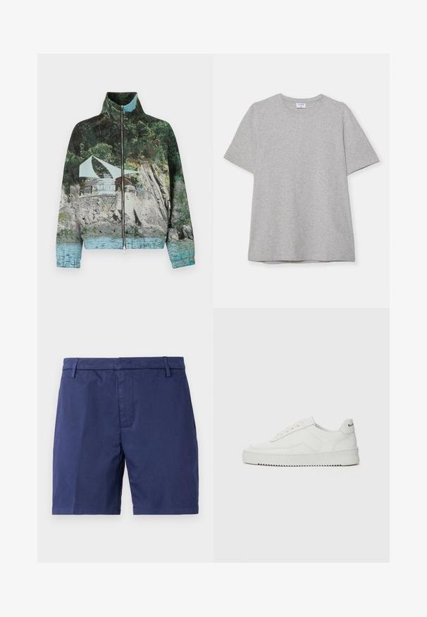 Vetoketjullinen takki, jossa on valokuvaprintti rannikkokohtauksesta, jossa on kiviä, vettä ja rakennus; värit sisältävät vihreää, sinistä ja ruskeaa.; Harmaa lyhythihainen T-paita, joka on valmistettu pehmeästä ja teksturoidusta kankaasta. Varustettu klassisella pyöreällä pääntiellä ja suoraselkäisellä helman kanssa, sopii rentoon pukeutumiseen.; Tummansinisiä puuvillahousuja, joissa on suora etuosa, kaksi sivutaskua ja suora helma. Mukana vyölenkit ja sileä pinta.; Valkoinen nahkakenkä, jossa on sileä pinta, pyöreä kärki, tasaiset nauhat ja teksturoitu pohja. Sisältää huomaamattoman logon kantapäässä.