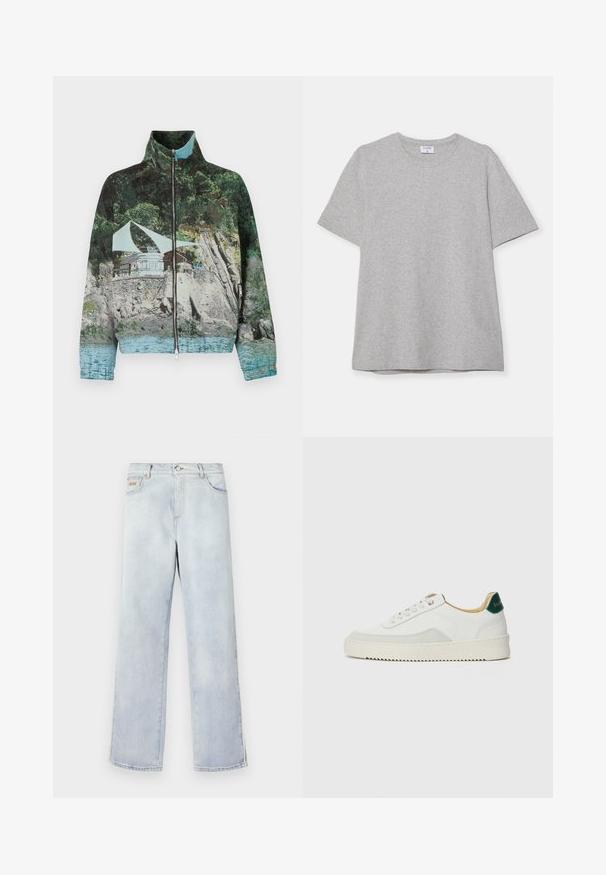 Bunda na zip s fotografickým potiskem přímořské scény s kameny, vodou a stavbou; barvy zahrnují zelenou, modrou a hnědou.; Šedé tričko s krátkým rukávem vyrobené z měkké, texturované látky. Disponuje klasickým kulatým výstřihem a rovného lemu, vhodné pro každodenní nošení.; Světle modré džíny s rovnými nohavicemi, které mají zapínání na knoflík, pět kapes a kontrastní prošití.; Bílé tenisky se semišovými prvky, kulatou špičkou, plochými tkaničkami a krémovou gumovou podrážkou. Na patě mají zelené logo.