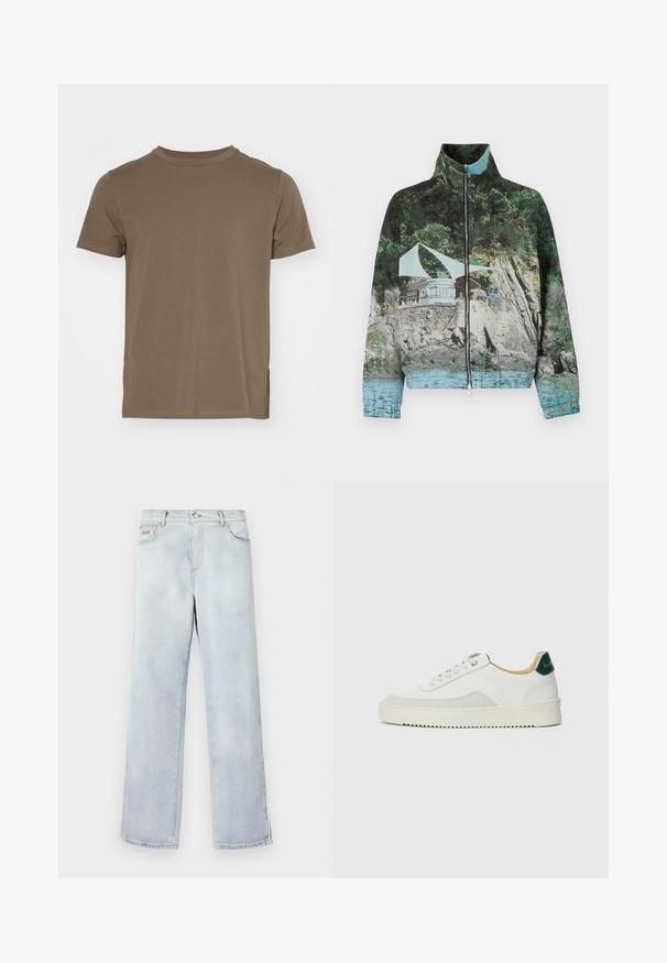 Jakke med lynlås, der har et fotografisk print af en kystscene med klipper, vand og en struktur; farverne inkluderer grøn, blå og brun.; Brun bomulds T-shirt med korte ærmer, rund hals og en afslappet pasform. Har sideskår ved kanten for ekstra komfort.; Lysblå denimjeans med en lige ben-design, der har en knaplukning, fem lommer og kontrastsyninger.; Hvide sneakers med ruskindsdetaljer, rund tå, flade snørebånd og en cremet gummisål. Har grøn branding på hælen.