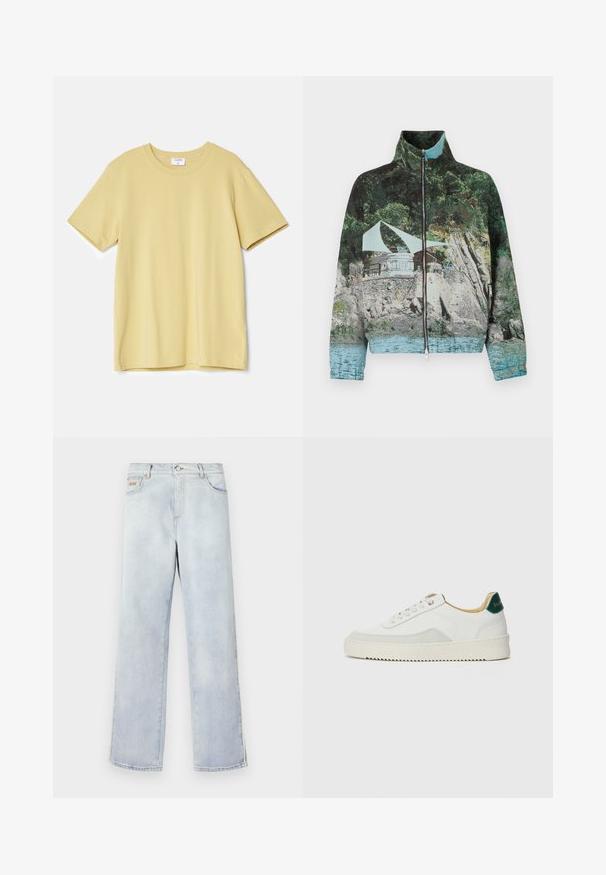 Cipzáras dzseki, amelyen egy parti táj fényképnyomat látható kövekkel, vízzel és egy építménnyel; a színek közé tartozik a zöld, kék és barna.; Sárga, rövid ujjú póló, puha pamutból készült, kerek nyakkivágással és egyenes szabással, látható minták vagy díszítések nélkül.; Világoskék farmernadrág, egyenes szárú fazonnal, gombos zárással, öt zsebbel és kontrasztos varrással.; Fehér sneaker suédé részletekkel, kerek orral, lapos fűzőkkel és krémszínű gumitalppal. Zöld logó található a sarkán.