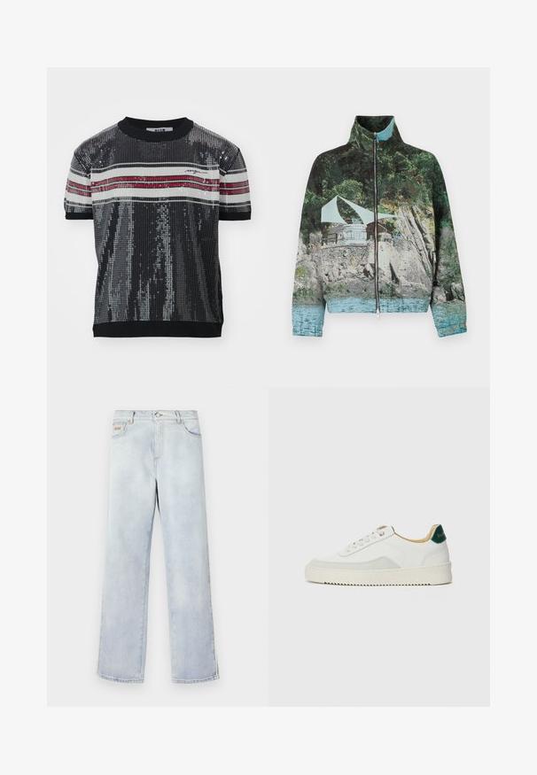 Vetoketjullinen takki, jossa on valokuvaprintti rannikkokohtauksesta, jossa on kiviä, vettä ja rakennus; värit sisältävät vihreää, sinistä ja ruskeaa.; Lyhythihainen, musta paljettitoppi, jossa on ribbikuvio ja valkoisia sekä punaisia vaakaraitoja, sekä pyöreä pääntie. Brändilogo mukana.; Vaaleansiniset farkut suoran lahkeen muotoilulla, joissa on napitus, viisi taskua ja kontrastiväriset ompeleet.; Valkoiset tennarit, joissa on nahkaosia, pyöreä kärki, tasaiset nauhat ja kermaisa kumi-pohja. Takana vihreä brändäys.