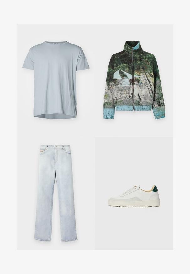 Kabat ar rāvējslietu, kurā ir attēlota piekrastes ainava ar akmeņiem, ūdeni un struktūru; krāsas ietver zaļu, zilu un brūnu.; Filippa K ROLL NECK TEE - Pamata T-krekls - thunderstorm; Gai zila džinsu bikses ar taisnu kāju dizainu, ar pogu aizdari, piecām kabatām un kontrastējošiem diegiem.; Baltas sneakers ar zamša akcentiem, noapaļota purngala, plakaniem auklām un krēmkrāsas gumijas zoli. Ar zaļu zīmolu uz papēža.