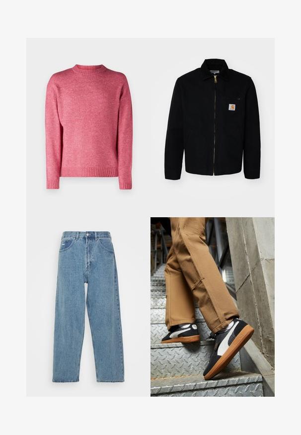 Juodas drobės švarkas su užtrauktuku priekyje, smailiu apykakle ir šoninėmis kišenėmis. Ant krūtinės kišelio yra mažas logotipas. Auksinė užtrauktuko detalė.; Jack & Jones JOROLLIE CREW NECK - Džemperis - fuchsia rose; Šviesiai mėlynos džinsinės kelnės su aukštu liemeniu, laisvo kirpimo, turinčios dvi priekinės kišenes, nugarinę kišenę su užklijuotu logotipu ir kniedinį užsegimą.; Juoda ir pilka zomšiniai sportbačiai su baltais akcentais ir gumos padangomis, dėvimi ant smėlio spalvos kelnių, kopiant metaliniais laiptais.