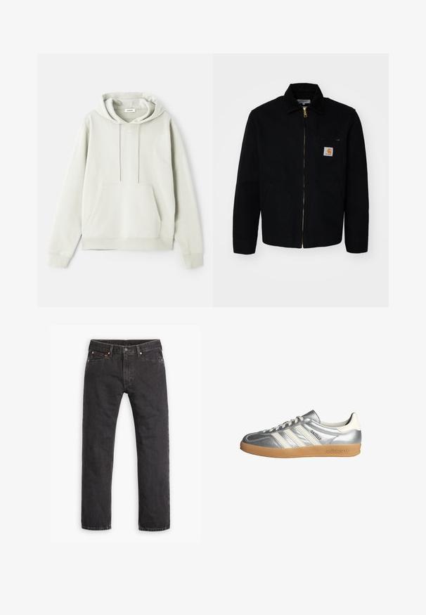 Schwarze Canvas-Jacke mit Reißverschluss vorne, einem spitz zulaufenden Kragen und Taschen an den Seiten. Verfügt über ein kleines Logo auf der Brusttasche. Goldfarbener Reißverschluss.; Hellgrauer Hoodie aus weichem Stoff, mit einer Kängurutasche, verstellbarem Kordelzugkapuze und einem minimalistischen Logo auf der Vorderseite.; Schwarze gerade geschnittene Jeans aus Denim mit fünf Taschen, Knopfverschluss und Kupfernieten auf einem weißen Hintergrund flach ausgelegt.; Silberne Sneakers mit weißen Akzenten, ausgestattet mit drei Streifen, einer abgerundeten Spitze und einer Sohle aus Gummi. Strukturierter metallischer Stoff.