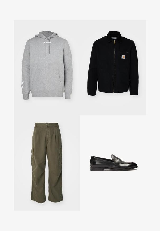 Czarna kurtka z płótna z zapinaniem na zamek z przodu, ze spiczastym kołnierzem i bocznymi kieszeniami. Posiada małe logo na kieszeni na piersi. Złoty detal zamka.; Szary sweatshirt z kieszenią z przodu, kapturem ze sznurkiem i białym logo na klatce piersiowej. Charakteryzuje się białymi paskami na prawym rękawie.; Spodnie cargo w oliwkowym kolorze, wykonane z bawełny, z szeroką nogawką, plisami i bocznymi kieszeniami dla większej funkcjonalności.; Czarne skórzane mokasyny z niskim obcasem, charakteryzujące się przeszytym noskiem w stylu mokasynowym oraz wzorem na przednim panelu. Gładka tekstura z polerowanym wykończeniem.