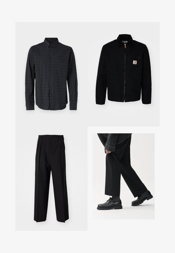 Schwarze Canvas-Jacke mit Reißverschluss vorne, einem spitz zulaufenden Kragen und Taschen an den Seiten. Verfügt über ein kleines Logo auf der Brusttasche. Goldfarbener Reißverschluss.; Langarmhemd aus gewebtem Stoff, mit einem dunkelblauen und grünen Karomuster, Knopfverschluss vorne und spitzem Kragen.; Schwarze, plissierte Hose mit geradem, weitem Bein. Hergestellt aus glattem Stoff, mit Knopfverschluss und Gürtelschlaufen.; Schwarze Lederschuhe mit einer runden Spitze, Schnürdesign und dicker, strukturierter Sohle. Getragen mit maßgeschneiderten schwarzen Hosen und einem gerippten Pullover.