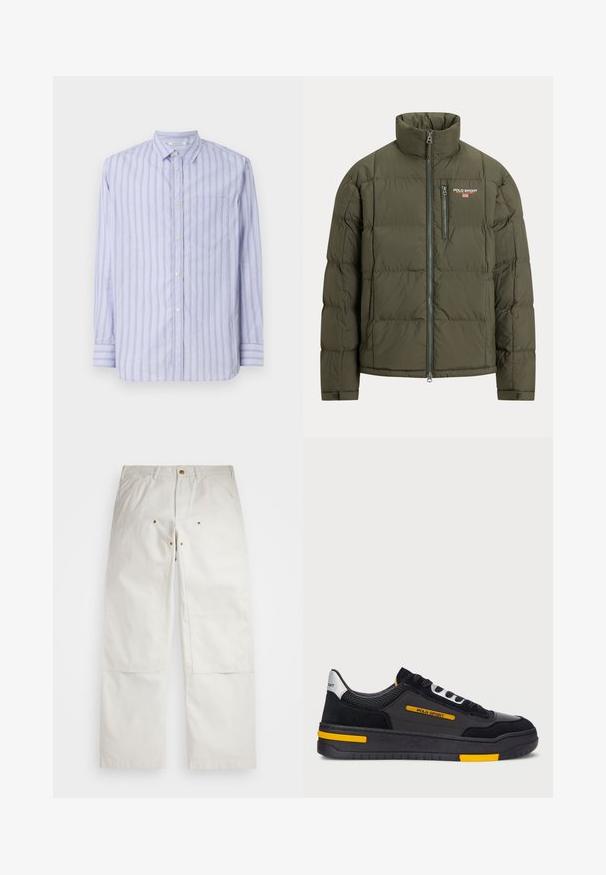 Geacă matlasată verde închis cu guler înalt, fermoar frontal și buzunar la piept cu fermoar. Prezintă o textură matlasată și un detaliu mic cu logo.; Cămașă cu mânecă lungă, cu nasturi, de culoare albastră deschisă, cu dungi verticale albe și galbene, având un buzunar pe piept și un guler clasic.; Pantaloni din bumbac alb, cu o croială lejeră, având buzunare frontale, detalii din accesorii aurii și îmbinări la genunchi.; Adidași negri cu un superior din suede și plasă, accente galbene și o talpă groasă neagră. Închidere cu șireturi și branding "POLO SPORT" pe lateral.
