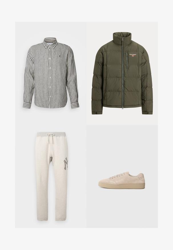 Temno zelena puhovka z visokim ovratnikom, sprednjo zadrgo in žepom z zapiralom na prsih. Ima prešito teksturo in majhen logotip.; Les Deux KRISTIAN SHIRT - Srajca - dark navy/ivory; Svetlo bež trenirke z ravnim pasom iz sive elastike, vrvico, stranskimi žepi in temno sivo grafiko na levi stegn.; Bež sueded superge s zaobljenim nosom, ravnimi vezalkami in teksturiranim gumijastim podplatom. Minimalističen dizajn z gladkimi robovi in subtilnim šivanjem.