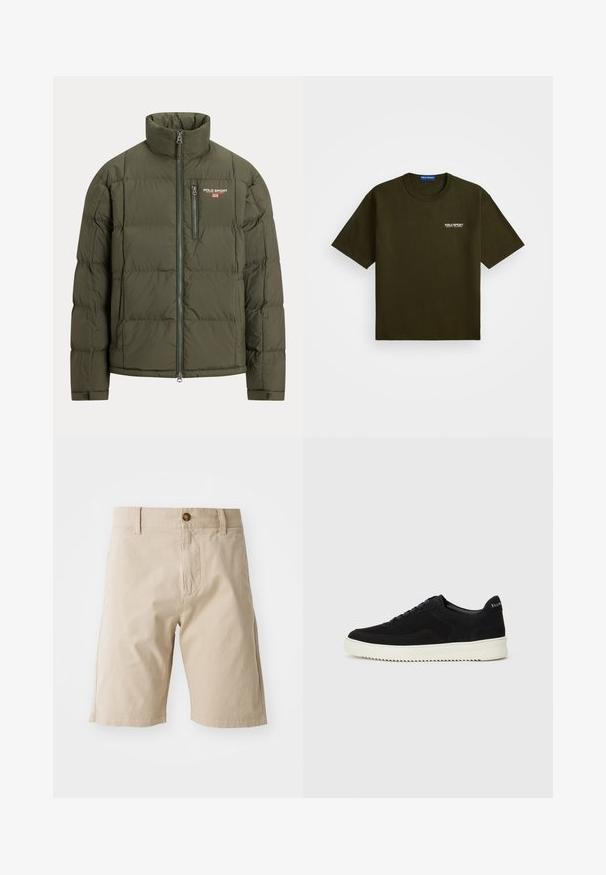 Doudoune vert foncé avec un col montant, une fermeture éclair avant et une poche poitrine zippée. Présente une texture matelassée et un petit logo.; T-shirt à manches courtes vert olive foncé avec col rond et petit logo blanc "Polo Sport Ralph Lauren" sur la poitrine gauche.; Shorts en coton beige avec fermeture à bouton, passants de ceinture et poches latérales ; texture lisse et silhouette droite.; Baskets en daim noir avec un design à lacets et une semelle en caoutchouc blanc contrastant. Comprend des panneaux latéraux texturés et un logo subtil sur le talon.