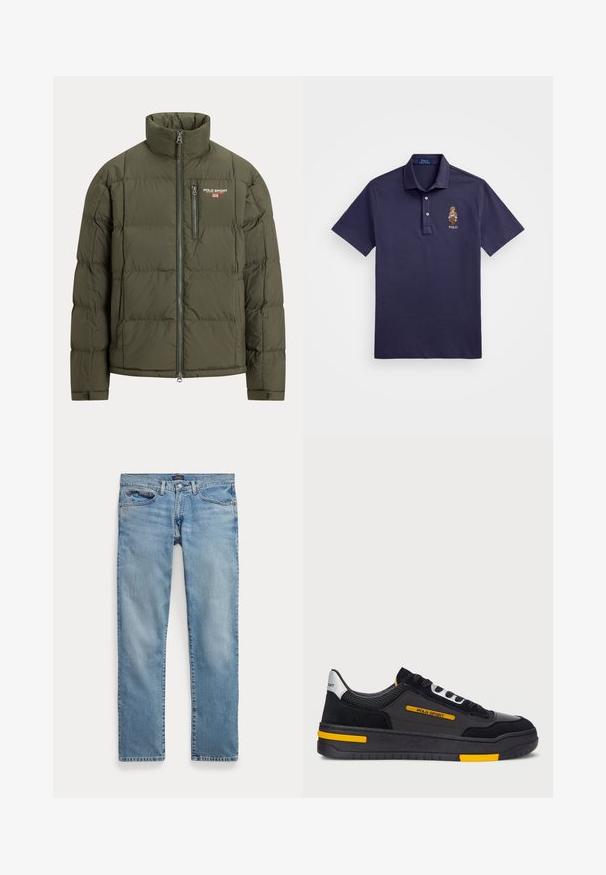 Tmavozelená vetrovka s vysokým golierom, predným zipsom a zipsovým vreckom na hrudi. Má prešívanú textúru a malý detail s logom.; Polo Ralph Lauren CUSTOM SLIM POLO BEAR MESH POLO SHIRT - Polokošeľa - faded blue bear; Svetlomodré denimové džínsy so rovnými nohavicami, s gombíkovým zapínaním, piatimi vreckami a jemným vyblednutím pre textúru.; Čierne tenisky so semišovým a sieťovinovým zvrškom, žltými akcentmi a hrubou čiernou podrážkou. Šnurovacie zapínanie a branding "POLO SPORT" na boku.