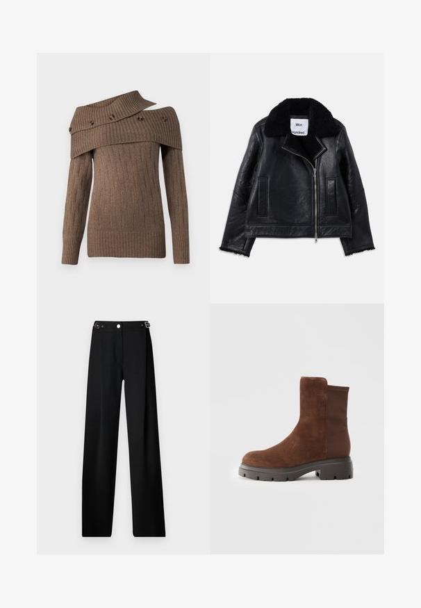 Musta nahkatakki, jossa on karvakaulus, etuvetoketju ja kaksi sivutaskua. Takissa on teksturoitu nahka ja risaiset hihansuut.; Ruskea neulepusero, jossa on epäsymmetrinen muotoilu, pystyraidoitus ja koristepainikkeet leveässä kauluksessa, sekä pitkät hihat.; Mustat leveälahkeiset housut tekstuurikankaasta, joissa on vyötärö hopeisilla yksityiskohdilla ja nappisuljenta.; Ruskea mokkanahkainen nilkkuri, jossa on joustavat sivupaneelit, pyöreä kärki ja paksu kumipohja, jossa on teksturoitu kulutuspinta.