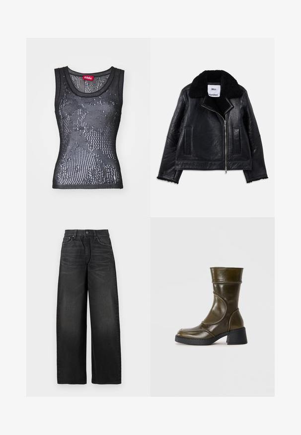 Giacca di pelle nera con colletto in shearling, zipper frontale e due tasche laterali. Presenta pelle testurizzata e bordi delle maniche sfilacciati.; Canotta nera in rete con scollatura rotonda e un motivo di piccoli fori. L'etichetta interna riporta "032c". Il materiale sembra leggero e texturizzato.; Jeans neri a vita alta e gamba larga con sfumature sottili e una piccola lacerazione sulla parte superiore della coscia destra.; Stivaletto in pelle verde oliva con punta arrotondata, pannello elastico e tacco spesso nero. Texture liscia e dettagli di cucitura sottili.