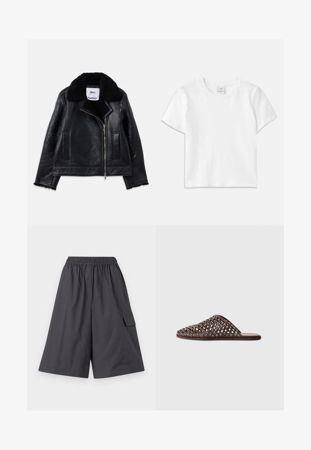 Fekete bőrkabát, gyapjas gallérral, elülső cipzárral és két oldalsó zsebbel. Jellemzője a strukturált bőr és a kopott ujjak szélei.; Fehér pamut póló kerek nyakkal, rövid ujjakkal és egyenes szegéllyel. A nyakvonal közepén a "Won Hundred" címkét található.; Sötétszürke rövidnadrág elasztikus derékkal, sima elülső részel és oldalsó cargo zsebből. Könnyű anyagból készült. Bőséges, széles lábszárú kialakítás.; Barna szőtt csúsztatós szandál lekerekített orral, nyitott dizájnnal, lapos talppal és texturált felülettel. Könnyű anyag és minimalista sziluett.