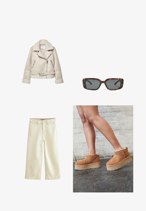 Cremfarbener Schaffelljacke mit weitem Kragen, Reißverschlusstaschen und Taillengürtel. Verfügt über strukturierte Stoffe und ein weiches Futter.; Hellrosa Pullover aus weichem, flauschigem Material. Mit Rundhalsausschnitt und gerippten Bündchen. Schlichtes, gemütliches Design ohne Muster.; Cremfarbige Caprihosen aus Denim mit leicht strukturiertem Finish. Verfügt über einen standardmäßigen Taillenbund mit zweifacher Knopfverschluss und fünf Taschen.; Braune Wildleder-Stiefeletten mit einem weichen Futter, dicker beige Plateau-Sohle und einer Zuglasche auf der Rückseite. Strukturiert Oberfläche mit sichtbaren Nähdetails.; Sonnenbrille im Schildpatt-Design mit rechteckigen Gläsern, dicken Rahmen und dunkelgetönten Gläsern. Glatte Textur und minimalistisches Design.