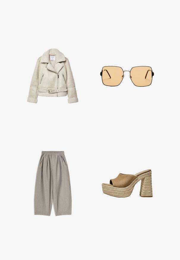 Kermanvärinen lammasvillatakki, jossa on leveä kaulus, vetoketjulliset taskut ja vyöllinen vyötärö. Omistaa tekstuurin kanssa kangasta ja pehmeän vuorin.; Vaaleanbeige neulepaita, jossa on pyöreä kaula-aukko, pitkät hihat ja teksturoitu kuvio. Rennon mallinen, jossa ribbireuna ja cuffityyliset yksityiskohdat.; Harmaat, leveät housut pehmeästä kankaasta, joissa on joustava vyötärö ja kaksi sivutaskua, puhtaan minimalistisella muotoilulla.; Ruskeat mokka-plattformit mulesit avoimella varpaalla, joissa on paksu punottu juutti-korko ja sileä, pyöristetty yläosa.; Neliömäiset aurinkolasit ruskeilla linsseillä ja ohuella mustalla metallikehyksellä. Varusteena on kulmikkaat tempulit ja säädettävät nenätyynyt mukavuutta varten.