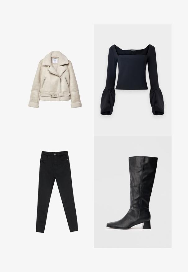 Kremno obarvana jakna iz ovčjega krzna z širokim ovratnikom, žepi na zadrgo in pasom. Ima teksturirano tkanino in mehko podlogo.; Črna majica z dolgimi rokavi in kvadratnim izrezom, ki ima obsežne manšete in prilega sejo spodnji del, izdelana iz gladkega materiala.; Črne skinny jeans hlače iz denima, z visokim pasom, petimi žepi in surovim robom na gležnjih. Klasično zapiranje z gumbnico in zadrgo.; Črne usnjene škornje do meč s koničastim nosom in pravokotnim peto na enostavni svetli podlagi.